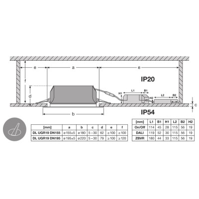 Даунлайт DL UGR19 DN155 PFM 14W/840 WT IP54 Даунлайт DL UGR19 DN155 PFM 14W/840 WT IP54